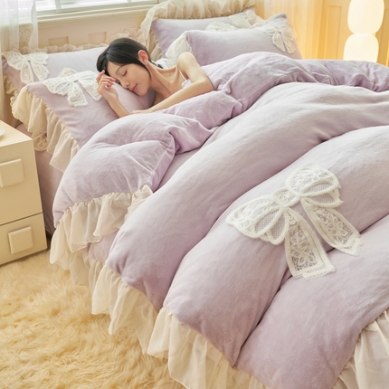 晨曦家纺 2024新款ins风少女公主风贴布绣牛奶绒四件套 暖意-温馨紫