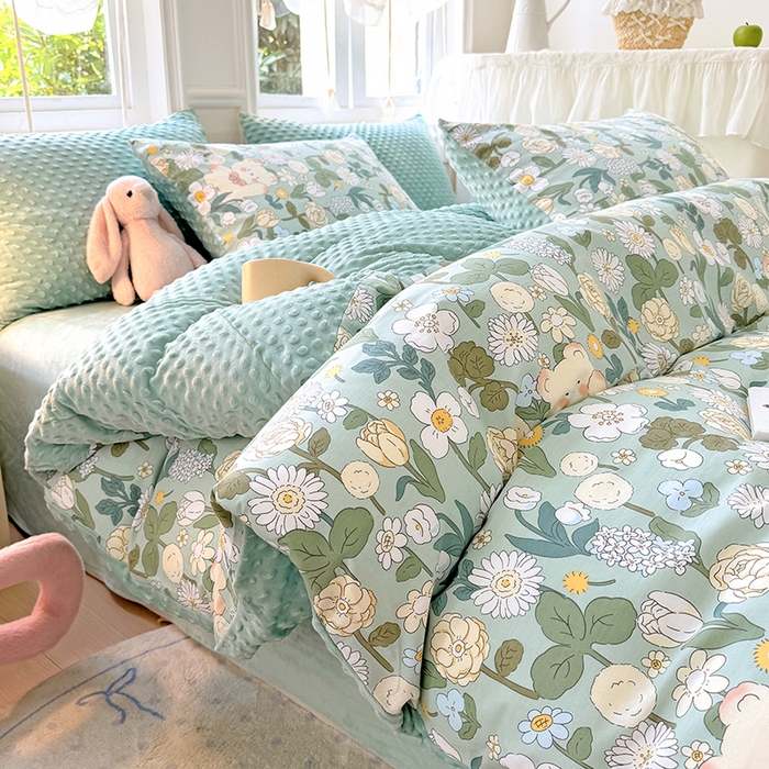 91家纺网 家纺一手货源 找家纺 优迈2024新秋冬加厚保暖全棉+豆豆绒四件套婴儿绒牛奶绒豆豆单被套单人双人加大号棉加绒三件套四件套 春意盎然