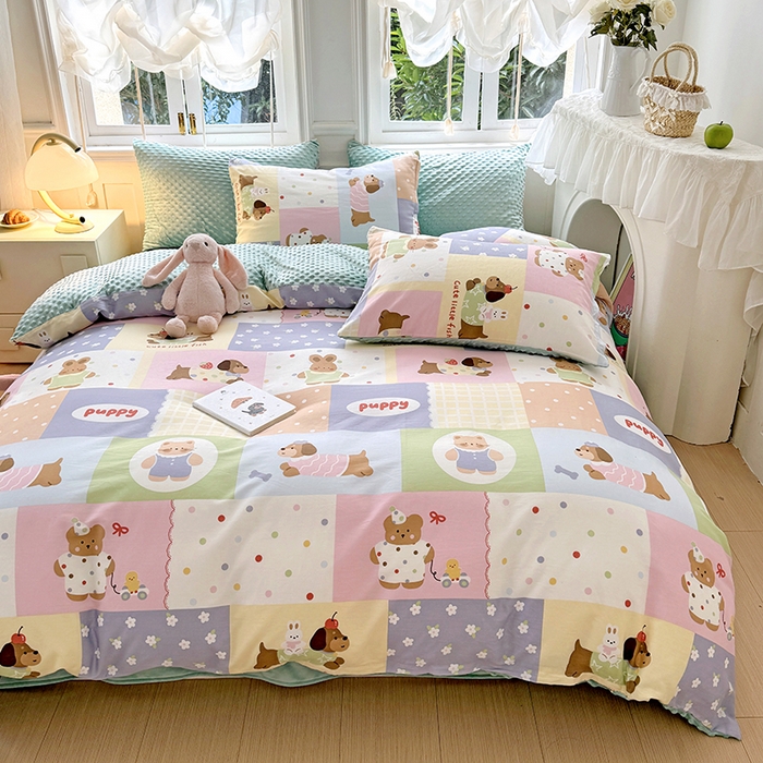 91家纺网 家纺一手货源 找家纺 优迈2024新秋冬加厚保暖全棉+豆豆绒四件套婴儿绒牛奶绒豆豆单被套单人双人加大号棉加绒三件套四件套 动物乐园