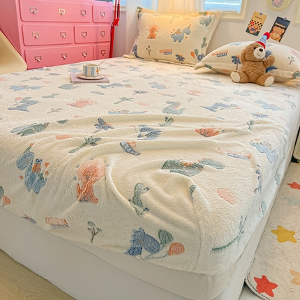 91家纺网 家纺一手货源 找家纺 韩巢家纺 2024新款加厚雪花绒卡通印花保暖床笠三件套 恐龙宝贝(绿)