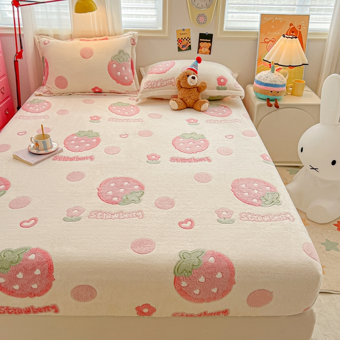 91家纺网 家纺一手货源 找家纺 韩巢家纺 2024新款加厚雪花绒卡通印花保暖床笠三件套 甜蜜