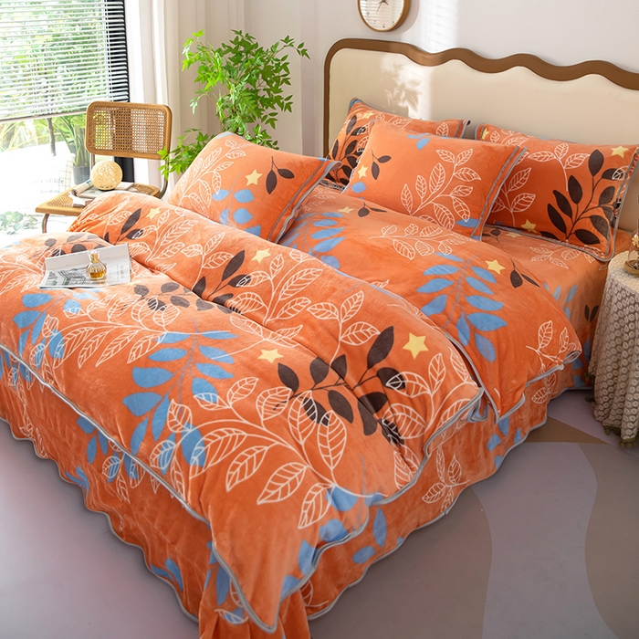 91家纺网 家纺一手货源 找家纺 雨萝家纺 2024新款亲肤舒适牛奶绒四件套 叶幕-橙