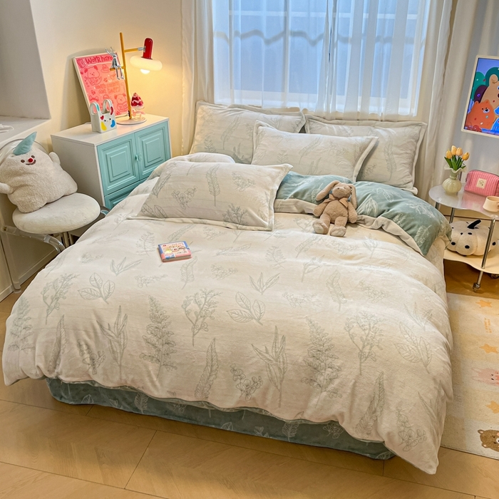 91家纺网 家纺一手货源 找家纺 慕尚家纺 2025新款3.5kg高克重田园花卉类牛奶绒四件套 生态叶