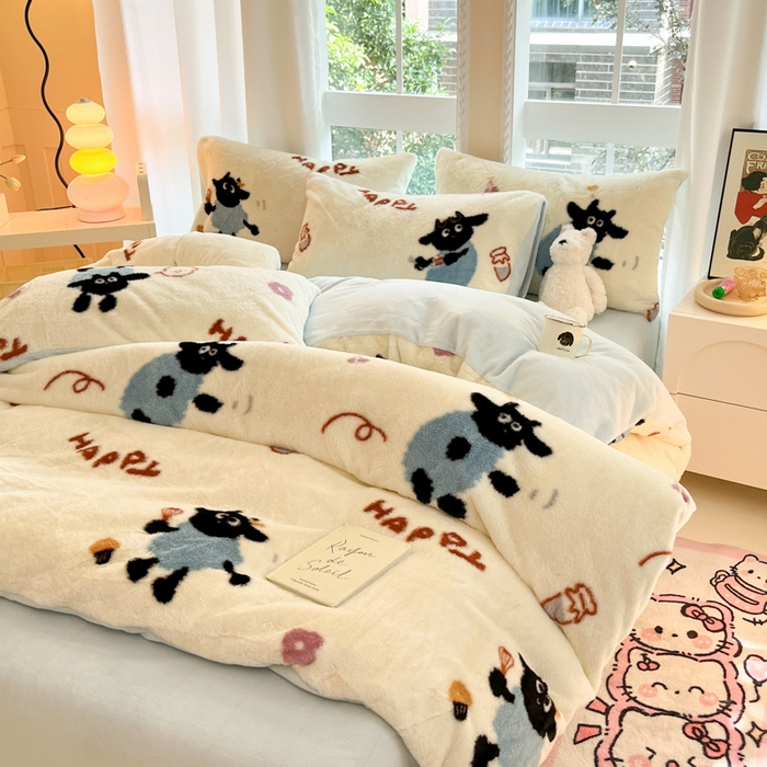 91家纺网 家纺一手货源 找家纺 慕澄家纺 2024新款兔绒牛奶绒加厚保暖印花四件套 小羊咩咩