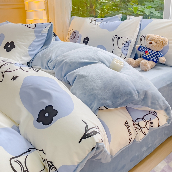 91家纺网 家纺一手货源 找家纺 金鑫汇家纺 2024年新款棉加绒印花四件套保暖牛奶绒法莱绒水晶绒 棉加绒-小熊菲比