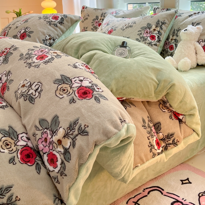 91家纺网 家纺一手货源 找家纺 慕澄家纺 2024新款兔绒牛奶绒加厚保暖印花四件套 法式庄园