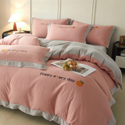 91家纺网 家纺一手货源 找家纺 （总）2025新款水洗磨毛刺绣四件套-桔子-拼角系列