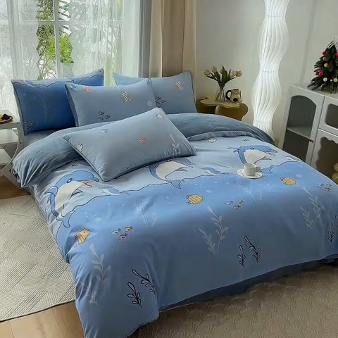 91家纺网 家纺一手货源 找家纺 金鑫汇家纺 2024年新款棉加绒印花四件套保暖牛奶绒法莱绒水晶绒 棉加绒-海洋世界