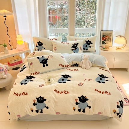 91家纺网 家纺一手货源 找家纺 慕澄家纺 2024新款兔绒牛奶绒加厚保暖印花四件套 小羊咩咩