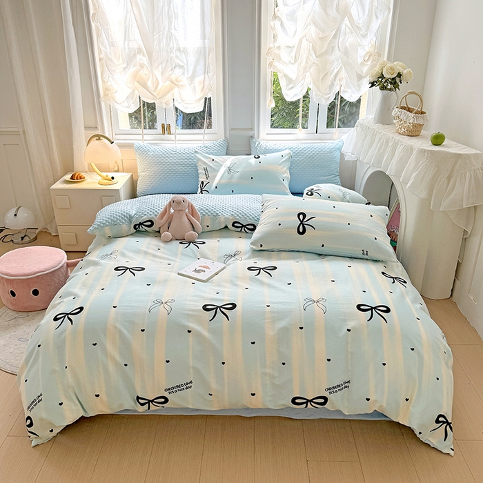 91家纺网 家纺一手货源 找家纺 优迈2024新秋冬加厚保暖全棉+豆豆绒四件套婴儿绒牛奶绒豆豆单被套单人双人加大号棉加绒三件套四件套 美丽蝴蝶结