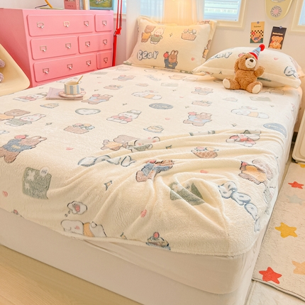 韩巢家纺 2024新款加厚雪花绒卡通印花保暖床笠三件套 快乐心情