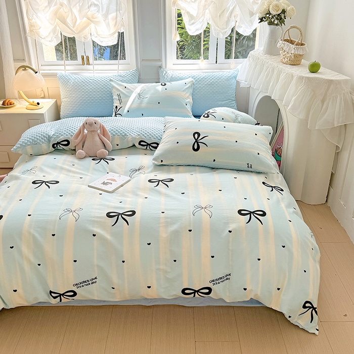 91家纺网 家纺一手货源 找家纺 优迈2024新秋冬加厚保暖全棉+豆豆绒四件套婴儿绒牛奶绒豆豆单被套单人双人加大号棉加绒三件套四件套 美丽蝴蝶结