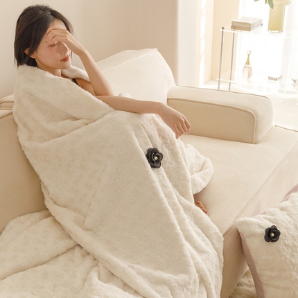 2024秋冬保暖加厚绒类玫瑰兔绒毛毯、抱枕 毛毯-迷雾白紫