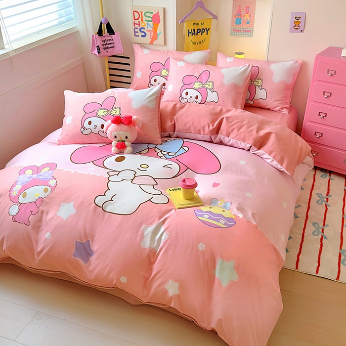 91家纺网 家纺一手货源 找家纺 木堇家居 2024新款三丽欧大版原棉磨毛四件套 星空美乐蒂-粉色