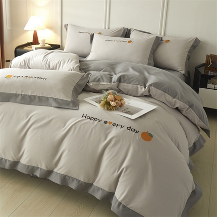 91家纺网 家纺一手货源 找家纺 （总）2025新款水洗磨毛刺绣四件套-桔子-拼角系列