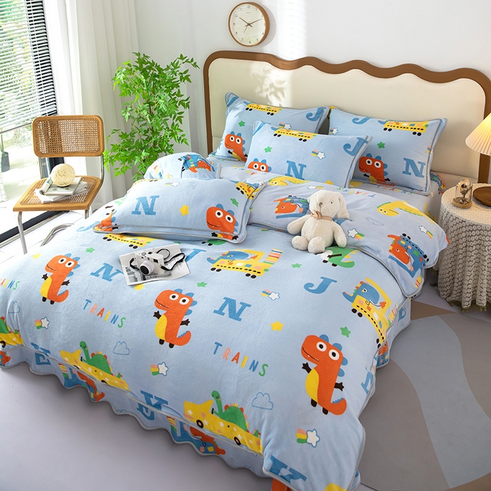 91家纺网 家纺一手货源 找家纺 雨萝家纺 2024新款亲肤舒适牛奶绒四件套 恐龙积木