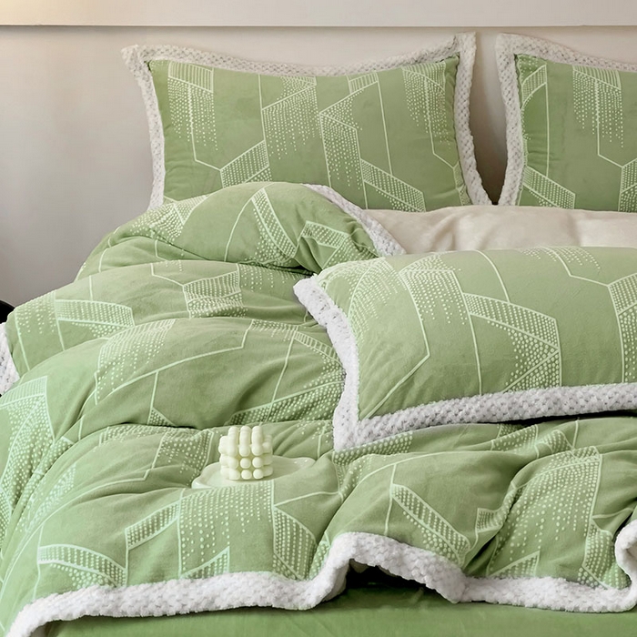 91家纺网 家纺一手货源 找家纺 2024新款简约包边全消光雕花牛奶绒兔兔绒四件套 包边绒 繁星闪耀绿