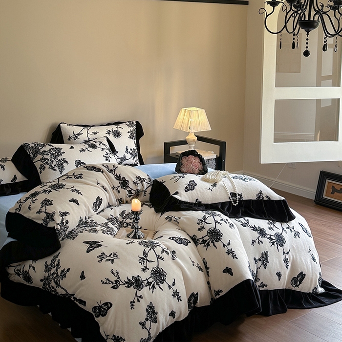 91家纺网 家纺一手货源 找家纺 2024新款加厚保暖高克重法式赫本风牛奶绒四件套 法式-蓝梦里