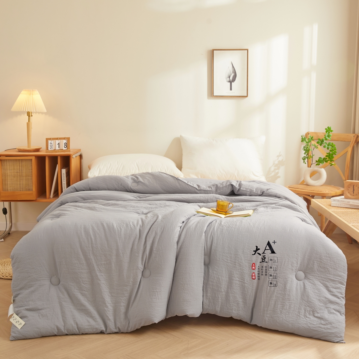 91家纺网 家纺一手货源 找家纺 锦逸家居 2024新款A类母婴级生态原棉大豆被冬被被子被芯春秋被 高级灰