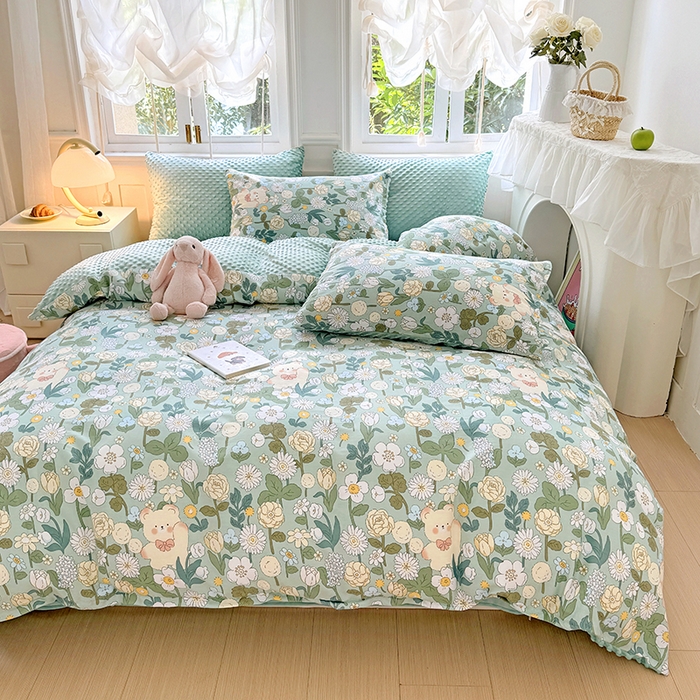 91家纺网 家纺一手货源 找家纺 优迈2024新秋冬加厚保暖全棉+豆豆绒四件套婴儿绒牛奶绒豆豆单被套单人双人加大号棉加绒三件套四件套 春意盎然