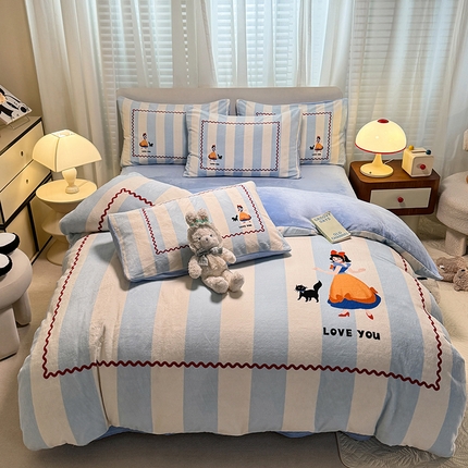 91家纺网 家纺一手货源 找家纺 经年 2025新款大版卡通牛奶绒四件套-猫系少女系列 猫系少女-蓝