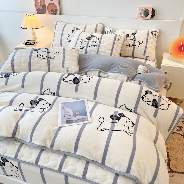 91家纺网 家纺一手货源 找家纺 2024秋冬A类牛奶绒加厚夹棉床笠+牛奶绒被套四件套午后时光