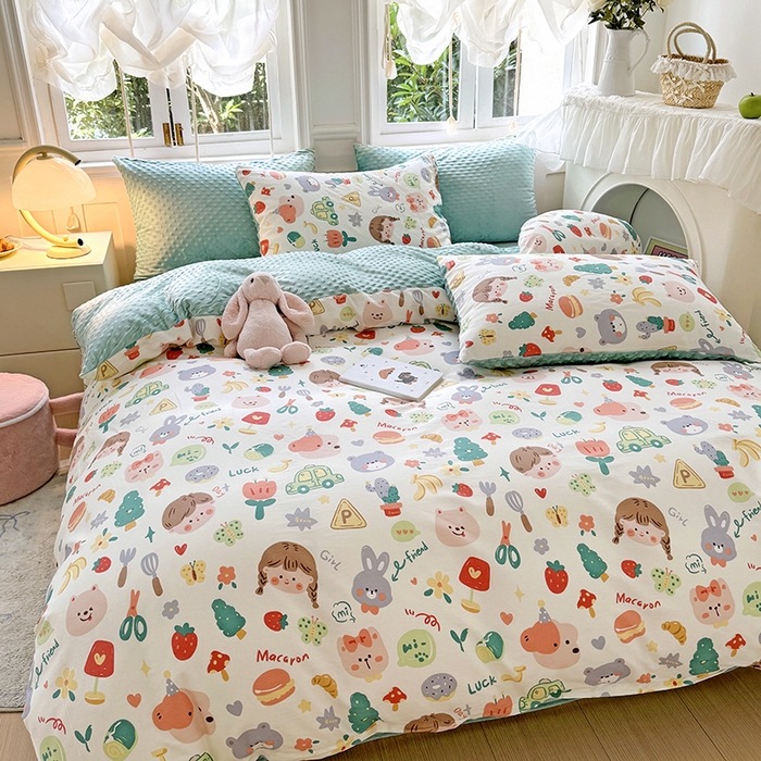 91家纺网 家纺一手货源 找家纺 优迈2024新秋冬加厚保暖全棉+豆豆绒四件套婴儿绒牛奶绒豆豆单被套单人双人加大号棉加绒三件套四件套 小孩儿哥姐