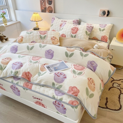 2024秋冬A类牛奶绒加厚夹棉床笠+牛奶绒被套四件套奈美