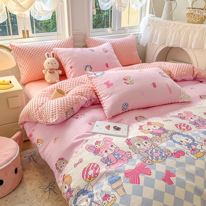 91家纺网 家纺一手货源 找家纺 优迈2024新秋冬加厚保暖全棉+豆豆绒四件套婴儿绒牛奶绒豆豆单被套单人双人加大号棉加绒三件套四件套 甜心派对