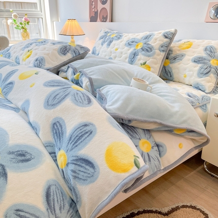 2024秋冬A类牛奶绒加厚夹棉床笠+牛奶绒被套四件套向阳花