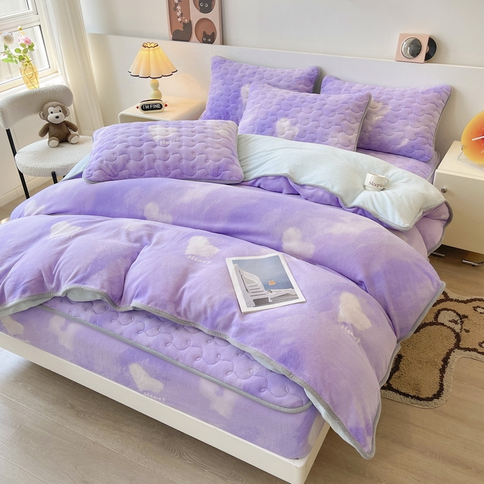 91家纺网 家纺一手货源 找家纺 2024秋冬A类牛奶绒加厚夹棉床笠+牛奶绒被套四件套炫彩