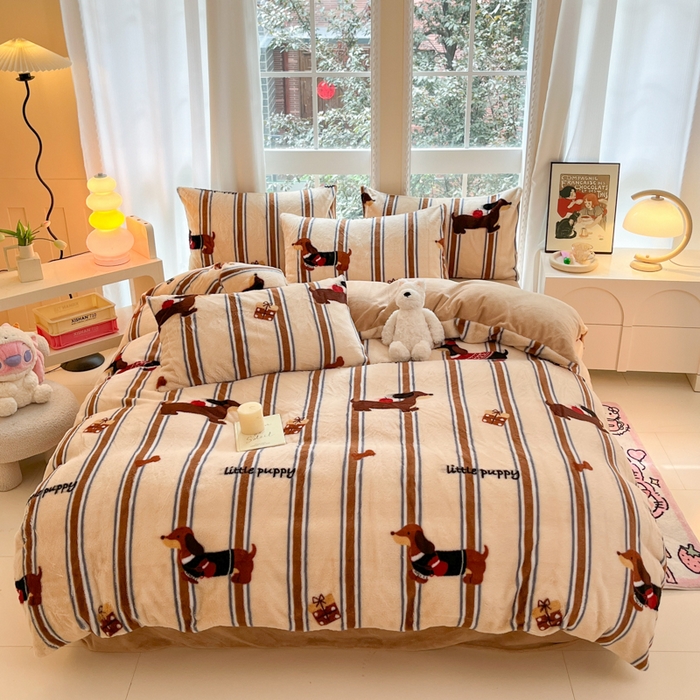 91家纺网 家纺一手货源 找家纺 慕澄家纺 2024新款兔绒牛奶绒加厚保暖印花四件套 腊肠狗