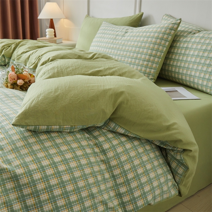 91家纺网 家纺一手货源 找家纺 盛秋家纺 2025新款格子单被套抹茶+果绿