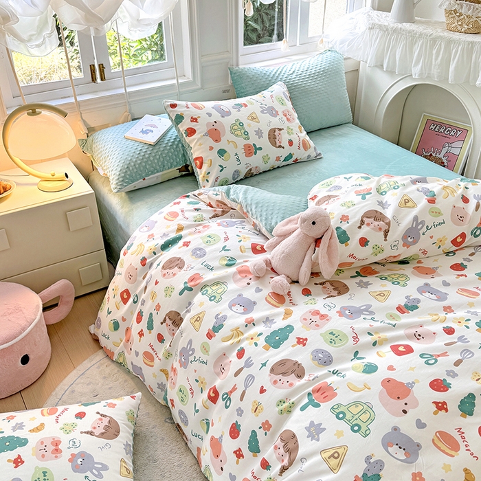 91家纺网 家纺一手货源 找家纺 优迈2024新秋冬加厚保暖全棉+豆豆绒四件套婴儿绒牛奶绒豆豆单被套单人双人加大号棉加绒三件套四件套 小孩儿哥姐