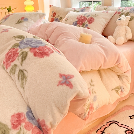 慕澄家纺 2024新款兔绒牛奶绒加厚保暖印花四件套 花飞蝶舞