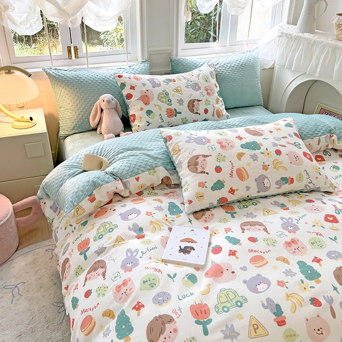 91家纺网 家纺一手货源 找家纺 优迈2024新秋冬加厚保暖全棉+豆豆绒四件套婴儿绒牛奶绒豆豆单被套单人双人加大号棉加绒三件套四件套 小孩儿哥姐