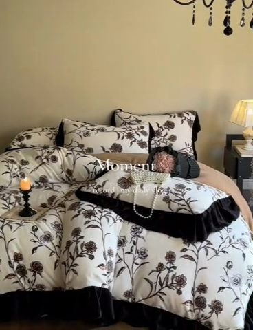 91家纺网 家纺一手货源 找家纺 2024新款加厚保暖高克重法式赫本风牛奶绒四件套 法式-叶璃