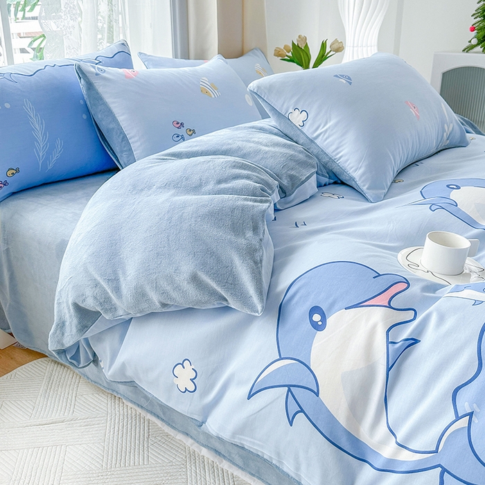 91家纺网 家纺一手货源 找家纺 金鑫汇家纺 2024年新款棉加绒印花四件套保暖牛奶绒法莱绒水晶绒 棉加绒-海洋世界