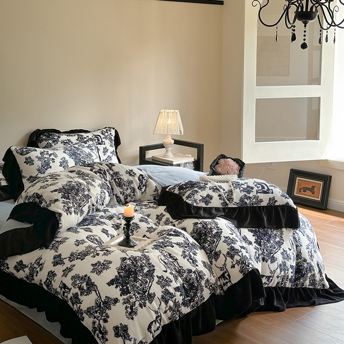 91家纺网 家纺一手货源 找家纺 2024新款加厚保暖高克重法式赫本风牛奶绒四件套 法式-迷境