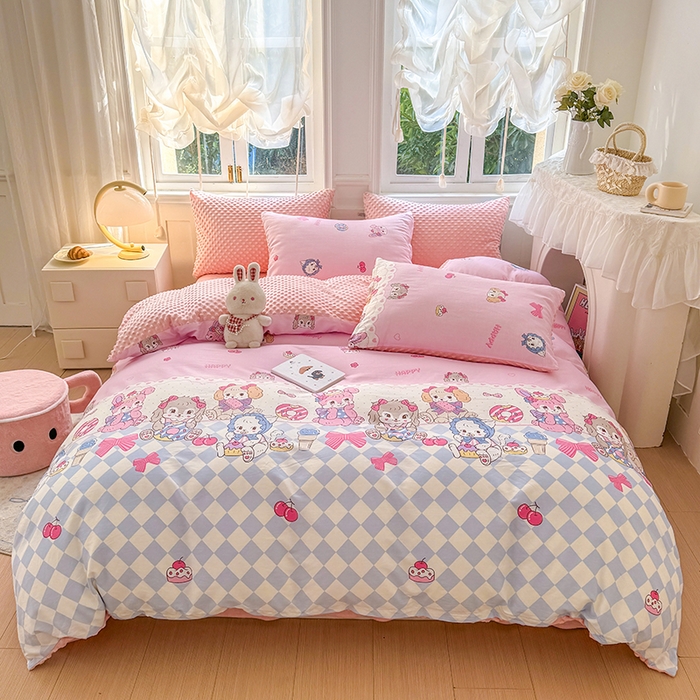 91家纺网 家纺一手货源 找家纺 优迈2024新秋冬加厚保暖全棉+豆豆绒四件套婴儿绒牛奶绒豆豆单被套单人双人加大号棉加绒三件套四件套 甜心派对