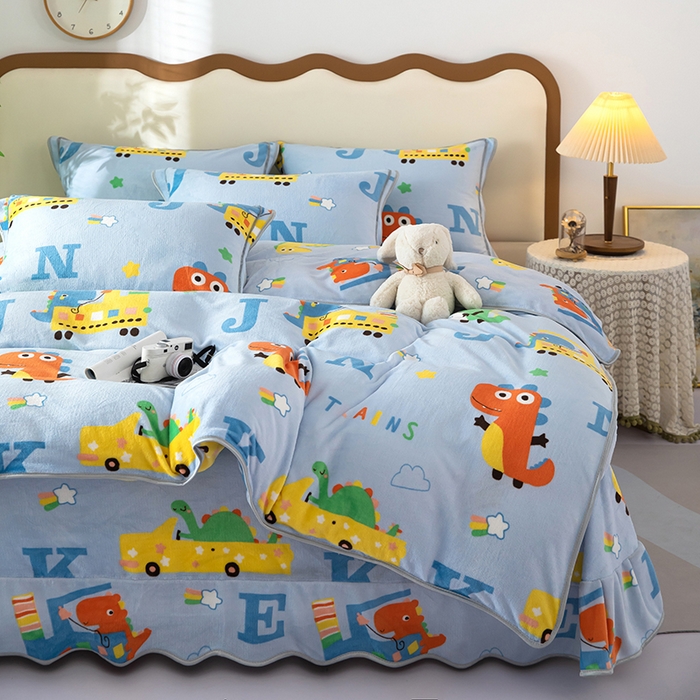 91家纺网 家纺一手货源 找家纺 雨萝家纺 2024新款亲肤舒适牛奶绒四件套 恐龙积木