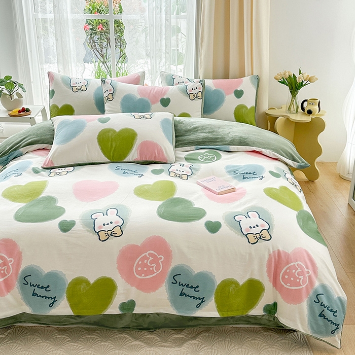 91家纺网 家纺一手货源 找家纺 金鑫汇家纺 2024年新款棉加绒印花四件套保暖牛奶绒法莱绒水晶绒 棉加绒-心心念念