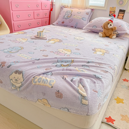 韩巢家纺 2024新款加厚雪花绒卡通印花保暖床笠三件套 童趣乐园