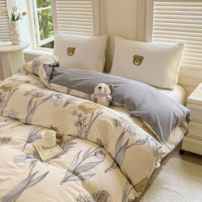 91家纺网 家纺一手货源 找家纺 优品阁 2024新款亲肤舒适全棉磨毛四件套学生三件套系列  且听风铃-灰