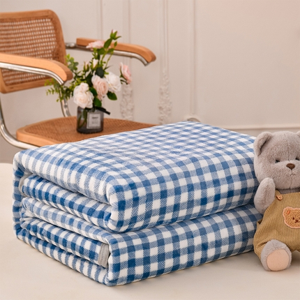 仟人梦 2024新款A类高克重保暖法兰绒多功能保暖毛毯 蓝小格