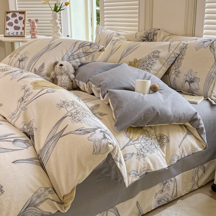 91家纺网 家纺一手货源 找家纺 优品阁 2024新款亲肤舒适全棉磨毛四件套学生三件套系列  且听风铃-灰