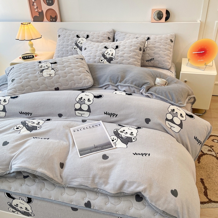 91家纺网 家纺一手货源 找家纺 2024秋冬A类牛奶绒加厚夹棉床笠+牛奶绒被套四件套俏皮狗