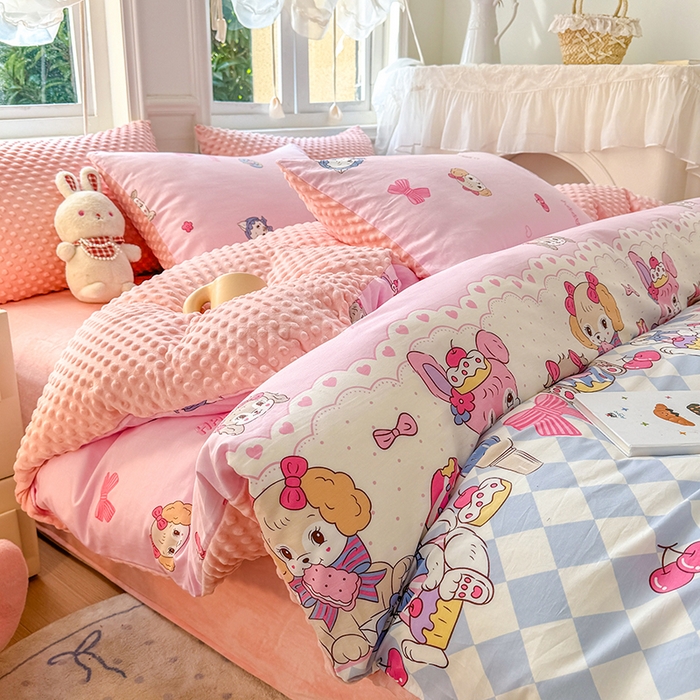 91家纺网 家纺一手货源 找家纺 优迈2024新秋冬加厚保暖全棉+豆豆绒四件套婴儿绒牛奶绒豆豆单被套单人双人加大号棉加绒三件套四件套 甜心派对