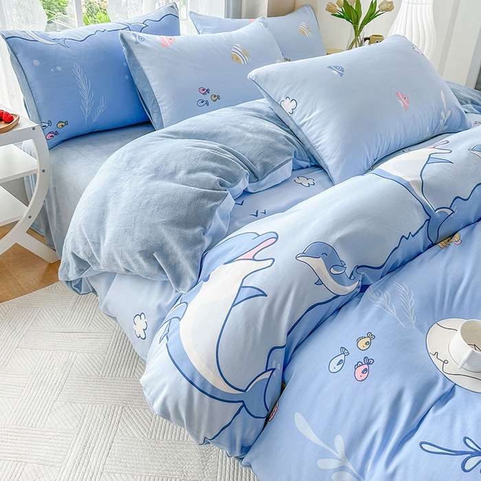 91家纺网 家纺一手货源 找家纺 金鑫汇家纺 2024年新款棉加绒印花四件套保暖牛奶绒法莱绒水晶绒 棉加绒-海洋世界