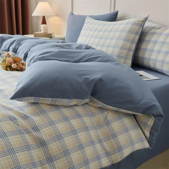 91家纺网 家纺一手货源 找家纺 盛秋家纺 2025新款格子单被套博克+蓝灰